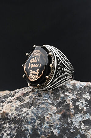 Sıkma Kehribar Taşlı Mührü Şerif 925 Ayar Gümüş Yüzük 902012
