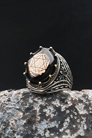 Sıkma Kehribar Taşlı Hz. Süleyman Mührü 925 Ayar Gümüş Yüzük 902013