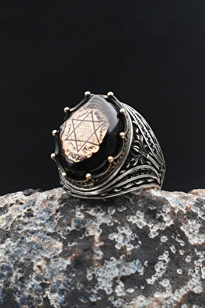 Sıkma Kehribar Taşlı Hz. Süleyman Mührü 925 Ayar Gümüş Yüzük 902013