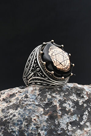 Sıkma Kehribar Taşlı Hz. Süleyman Mührü 925 Ayar Gümüş Yüzük 902013