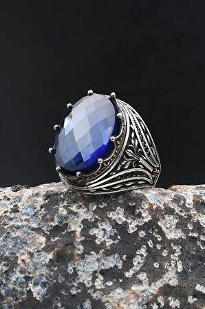 925 Ayar Gümüş Erkek Yüzük Lacivert Zirkon Taşlı 902016