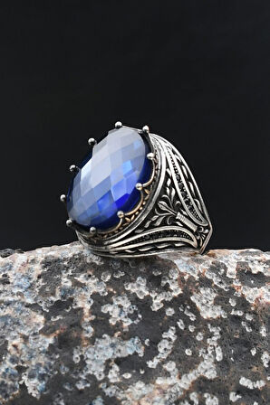 925 Ayar Gümüş Erkek Yüzük Lacivert Zirkon Taşlı 902016