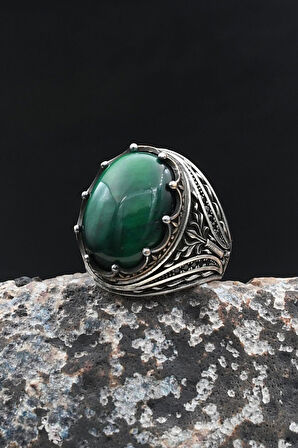 Erkek Yüzük Yeşil Kaplangözü Taşlı 925 Ayar Gümüş 902017