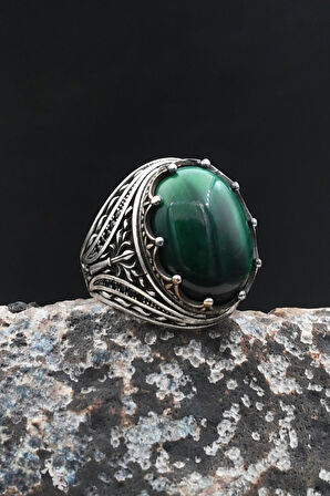 Erkek Yüzük Yeşil Kaplangözü Taşlı 925 Ayar Gümüş 902017