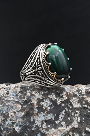 Erkek Yüzük Yeşil Kaplangözü Taşlı 925 Ayar Gümüş 902017