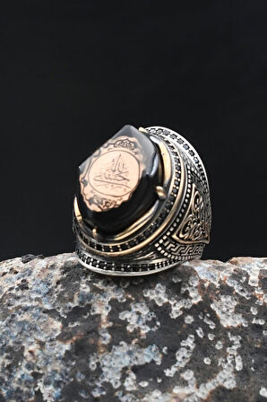 Sıkma Kehribar Taşlı Hasbiyallah Yazılı  925 Ayar Gümüş Yüzük Zirkon Taş Süslemeli 902021