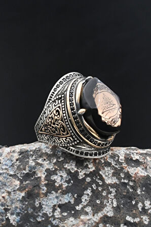 Sıkma Kehribar Taşlı Hasbiyallah Yazılı  925 Ayar Gümüş Yüzük Zirkon Taş Süslemeli 902021