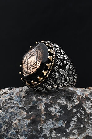 925 Ayar Gümüş Erkek Yüzük Hz. Süleyman Mührü Sıkma Kehribar Taşlı 902029