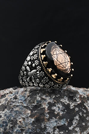 925 Ayar Gümüş Erkek Yüzük Hz. Süleyman Mührü Sıkma Kehribar Taşlı 902029