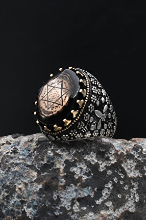 925 Ayar Gümüş Erkek Yüzük Hz. Süleyman Mührü Sıkma Kehribar Taşlı 902029