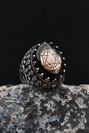 925 Ayar Gümüş Erkek Yüzük Hz. Süleyman Mührü Sıkma Kehribar Taşlı 902029