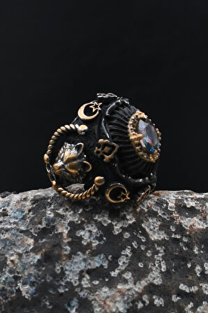 Özel Tasarım 925 Ayar Gümüş Erkek Yüzük Kurt Figürlü Mistik Topaz ve Sıkma Kehribar Taşlı 902032