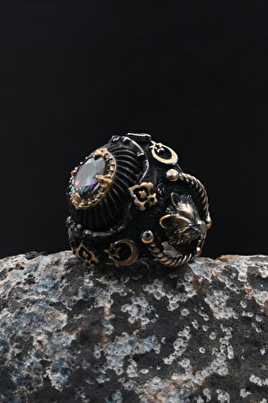 Özel Tasarım 925 Ayar Gümüş Erkek Yüzük Kurt Figürlü Mistik Topaz ve Sıkma Kehribar Taşlı 902032