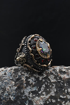 925 Ayar Gümüş Erkek Yüzük Özel Tasarım Sıkma Kehribar ve Mistik Topaz Taşlı Aslan Figürlü 902033