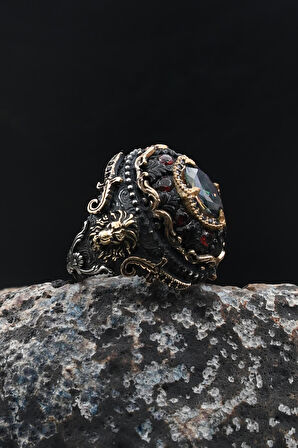 925 Ayar Gümüş Erkek Yüzük Özel Tasarım Sıkma Kehribar ve Mistik Topaz Taşlı Aslan Figürlü 902033