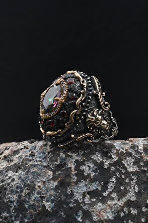 925 Ayar Gümüş Erkek Yüzük Özel Tasarım Sıkma Kehribar ve Mistik Topaz Taşlı Aslan Figürlü 902033