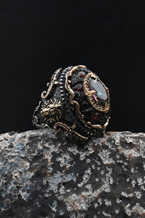 925 Ayar Gümüş Erkek Yüzük Özel Tasarım Sıkma Kehribar ve Mistik Topaz Taşlı Aslan Figürlü 902033