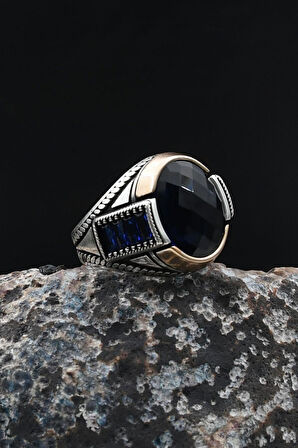 Lacivert Zirkon Taşlı Zirkon Taş Süslemeli 925 Ayar Gümüş Yüzük 902034