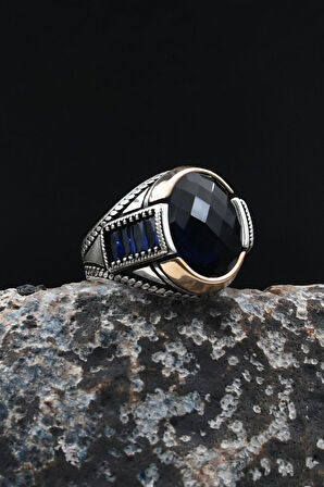 Lacivert Zirkon Taşlı Zirkon Taş Süslemeli 925 Ayar Gümüş Yüzük 902034