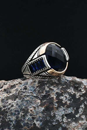 Lacivert Zirkon Taşlı Zirkon Taş Süslemeli 925 Ayar Gümüş Yüzük 902034