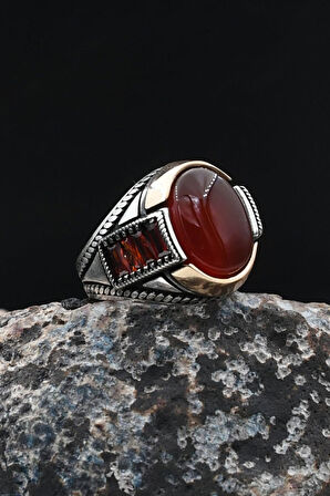 Akik Taşlı 925 Ayar Gümüş Yüzük Zirkon Taş Süslemeli 902035