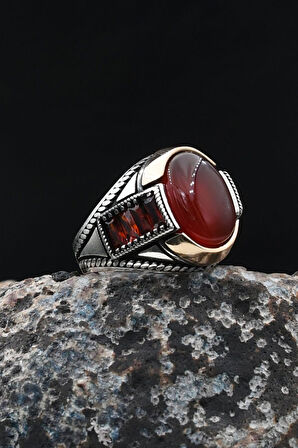 Akik Taşlı 925 Ayar Gümüş Yüzük Zirkon Taş Süslemeli 902035