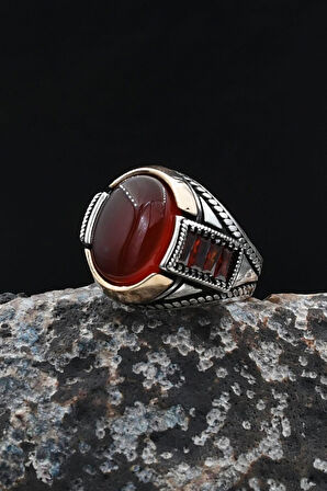 Akik Taşlı 925 Ayar Gümüş Yüzük Zirkon Taş Süslemeli 902035