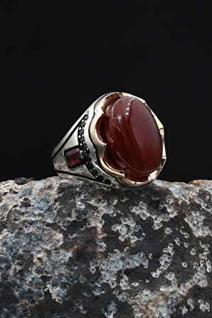 Akik Taşlı Zirkon Taş Süslemeli 925 Ayar Gümüş Yüzük 902036