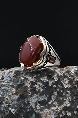 Akik Taşlı Zirkon Taş Süslemeli 925 Ayar Gümüş Yüzük 902036