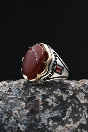 Akik Taşlı Zirkon Taş Süslemeli 925 Ayar Gümüş Yüzük 902036