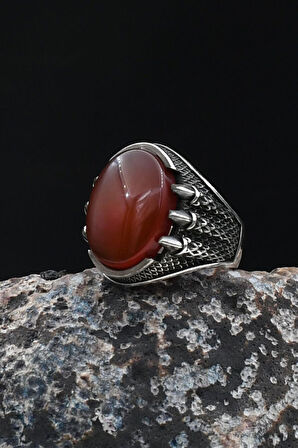 Pençe Figürlü Kırmızı Akik Taşlı 925 Ayar Gümüş Yüzük 902053