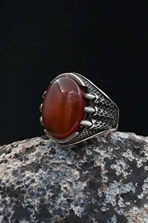 Pençe Figürlü Kırmızı Akik Taşlı 925 Ayar Gümüş Yüzük 902053