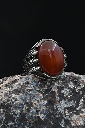 Pençe Figürlü Kırmızı Akik Taşlı 925 Ayar Gümüş Yüzük 902053