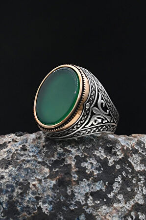 Yeşil Akik Taşlı 925 Ayar Gümüş Erkek Yüzük 902057