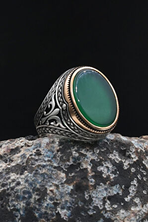 Yeşil Akik Taşlı 925 Ayar Gümüş Erkek Yüzük 902057