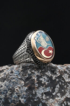 Osmanlı Tuğralı - Ay Yıldızlı - Kelime-i Tevhid Yazlı 925 Ayar Gümüş Yüzük 902061