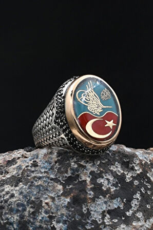 Osmanlı Tuğralı - Ay Yıldızlı - Kelime-i Tevhid Yazlı 925 Ayar Gümüş Yüzük 902061