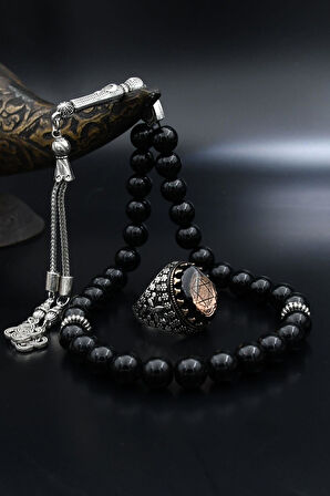 Doğal Oniks Taşlı Tesbih ve 925 Ayar Gümüş Yüzük Sıkma Kehribar Taşlı Hz. Süleyman Mührü 902062