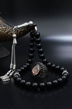 Doğal Oniks Taşlı Tesbih ve 925 Ayar Gümüş Yüzük Sıkma Kehribar Taşlı Hz. Süleyman Mührü 902062