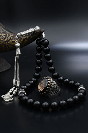 Doğal Oniks Taşlı Tesbih ve 925 Ayar Gümüş Yüzük Sıkma Kehribar Taşlı Hz. Süleyman Mührü 902062