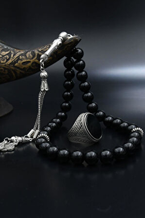 Doğal Oniks Taşlı Tesbih Ve 925 Ayar Gümüş Yüzük Oniks Taşlı 902063