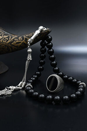 Doğal Oniks Taşlı Tesbih Ve 925 Ayar Gümüş Yüzük Oniks Taşlı 902063