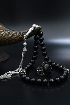 Doğal Oniks Taşlı Tesbih Ve 925 Ayar Gümüş Yüzük Oniks Taşlı Terazi Figürlü 902064