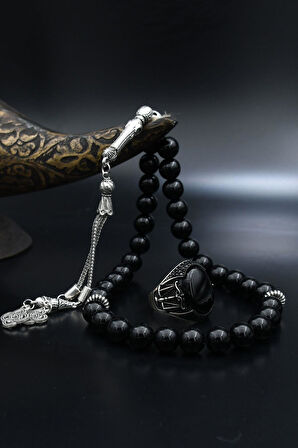 Doğal Oniks Taşlı Tesbih Ve 925 Ayar Gümüş Yüzük Oniks Taşlı Terazi Figürlü 902064