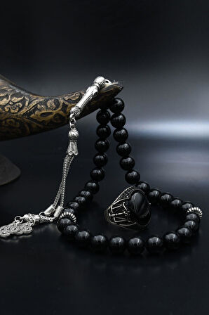 Doğal Oniks Taşlı Tesbih Ve 925 Ayar Gümüş Yüzük Oniks Taşlı Terazi Figürlü 902064