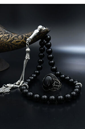 Doğal Oniks Taşlı Tesbih Ve 925 Ayar Gümüş Yüzük Oniks Taşlı Terazi Figürlü 902064