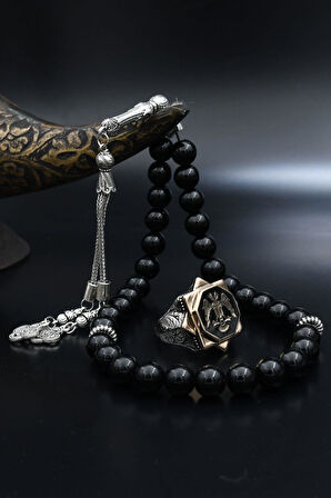 Doğal Oniks Taşlı Tesbih Ve 925 Ayar Gümüş Yüzük Selçuklu Kartalı Mineli 902065