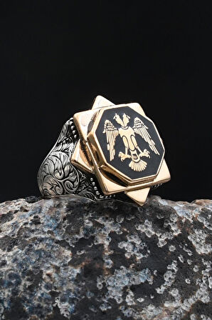 Doğal Oniks Taşlı Tesbih Ve 925 Ayar Gümüş Yüzük Selçuklu Kartalı Mineli 902065