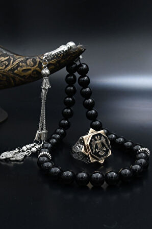 Doğal Oniks Taşlı Tesbih Ve 925 Ayar Gümüş Yüzük Selçuklu Kartalı Mineli 902065