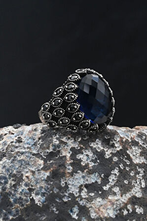 Lacivert Zirkon Taşlı 925 Ayar Gümüş Yüzük Zirkon Taş Süslemeli 902067